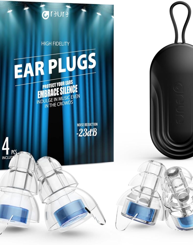 Reure High Fidelity Concert Ear Plugs, Noise Cancelling Silicone Ear Plugs 2 Pairs Great for Concerts Loud Music, Musicians, Motorcycles, Airplanes, Raves, Hearing Protection -23 dB