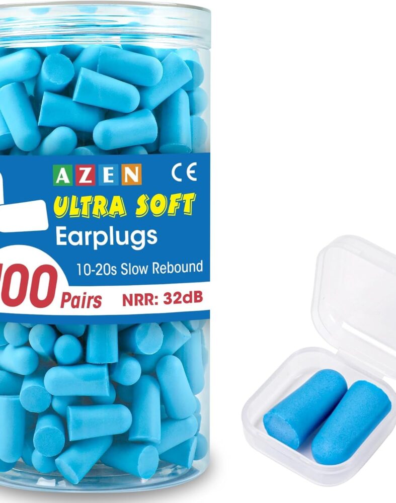 AZEN 100 Pairs Ear Plugs Bulk, NRR 32dB Soft Foam Ear Plugs for Sleeping Noise Cancelling, Earplugs for Concerts Shooting Swimming Noise Reduction (Lake Blue)